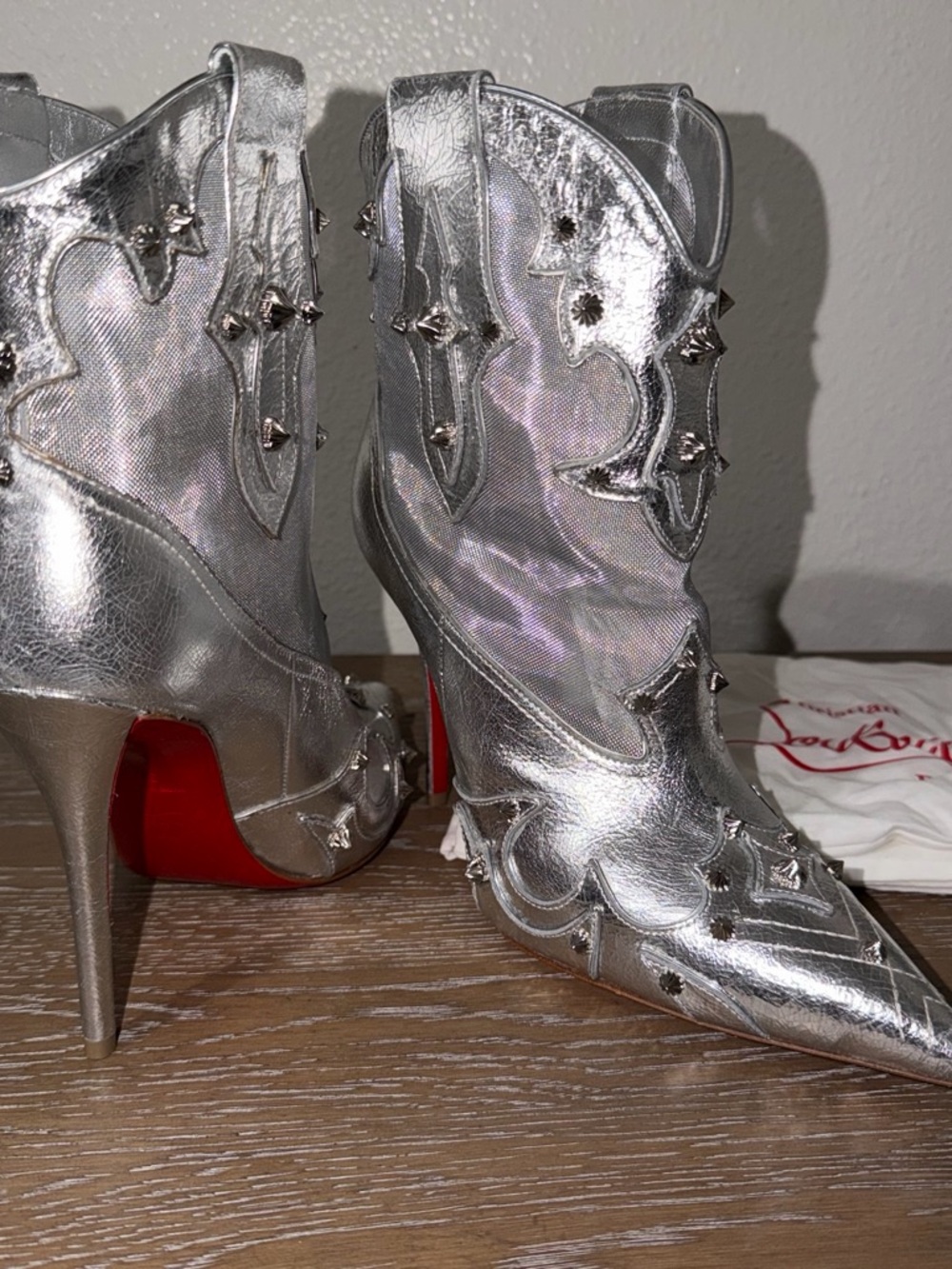 Christian Louboutin Silver Mesh & Stud Ankle Boot with Red Heel - Picture 5 of 11